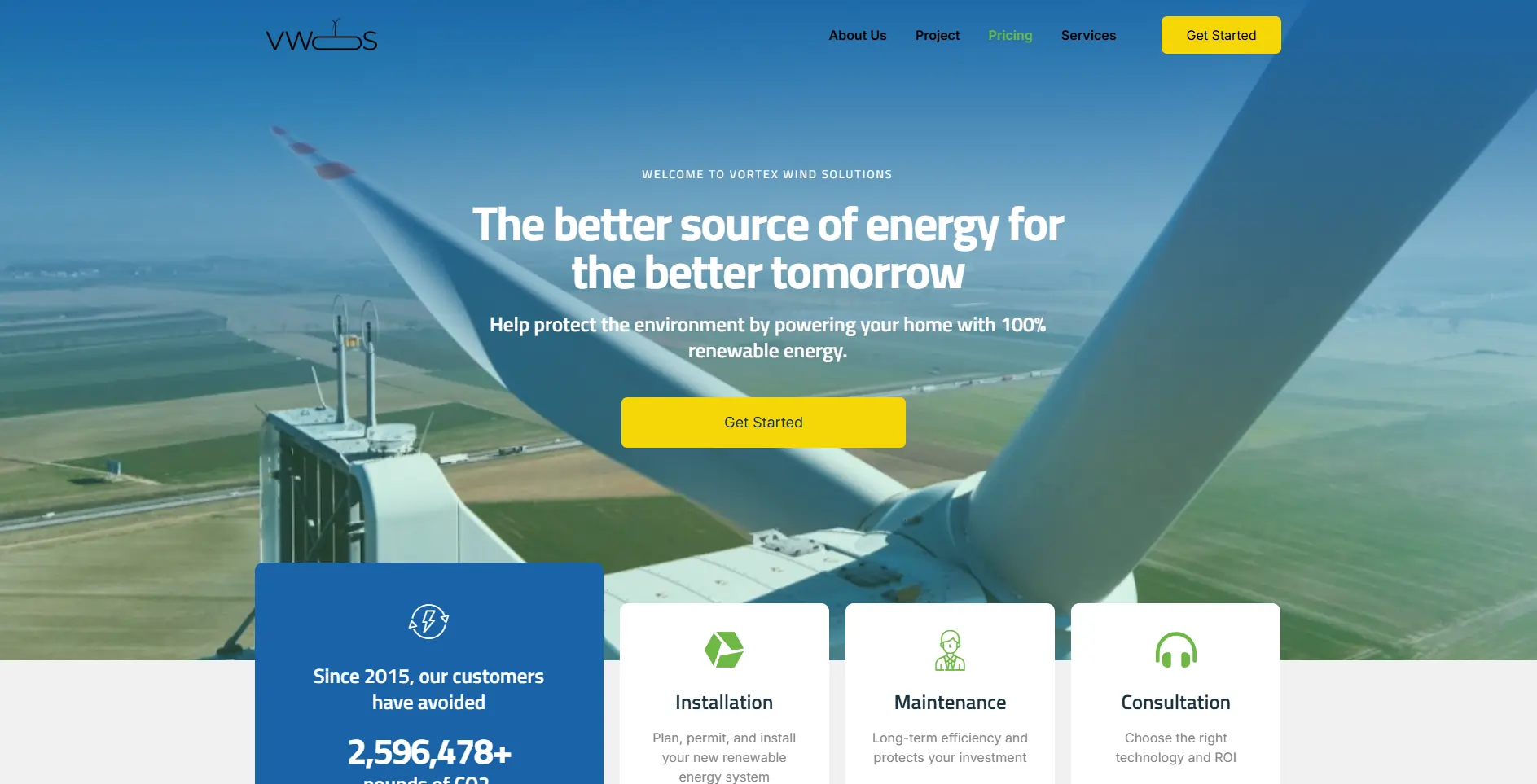 Clean, informative website design showcasing renewable energy and wind power solutions.