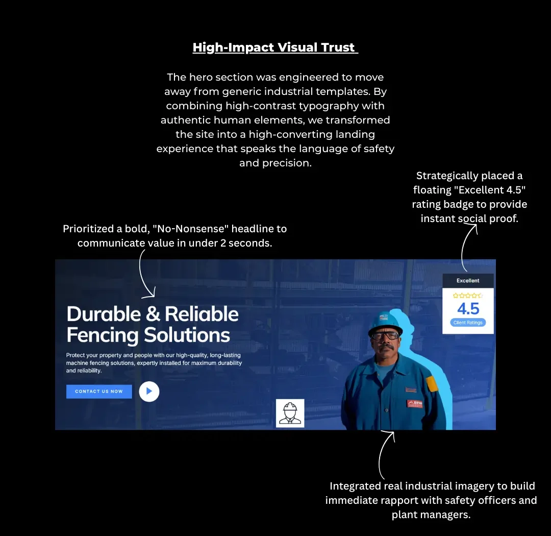 Durable machine fencing solutions banner featuring an industrial safety expert and 4.5-star client rating badge.