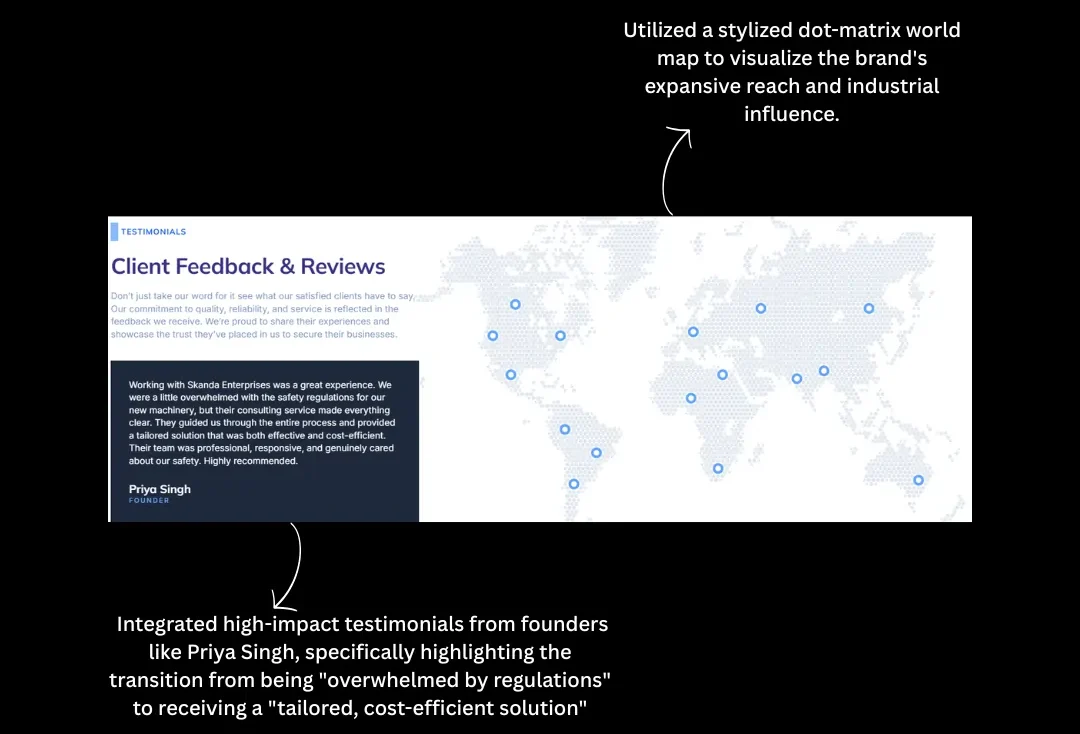 Dot-matrix world map showing global industrial reach with a client testimonial from a company founder.
